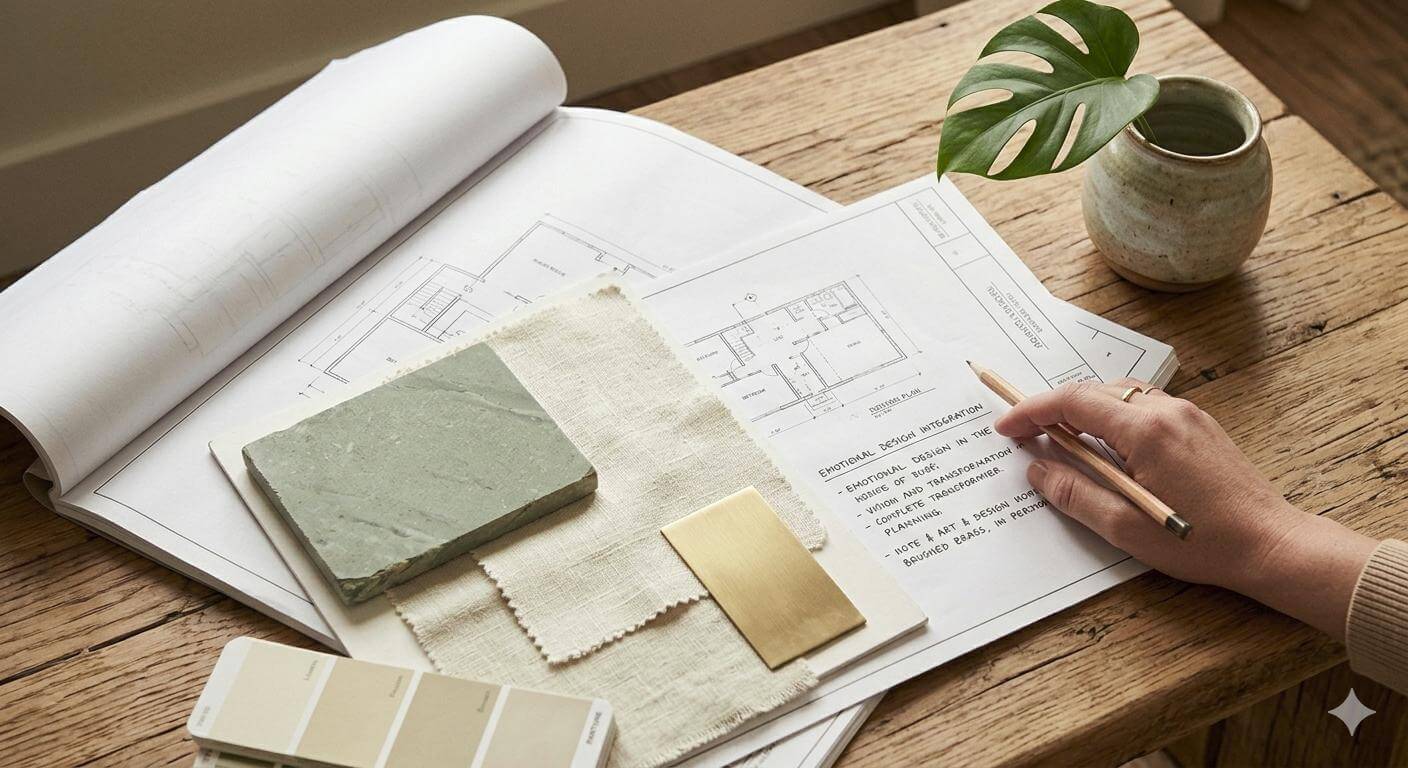 Dettaglio con moodboard, planimetria e materiali per riprogettazione casa